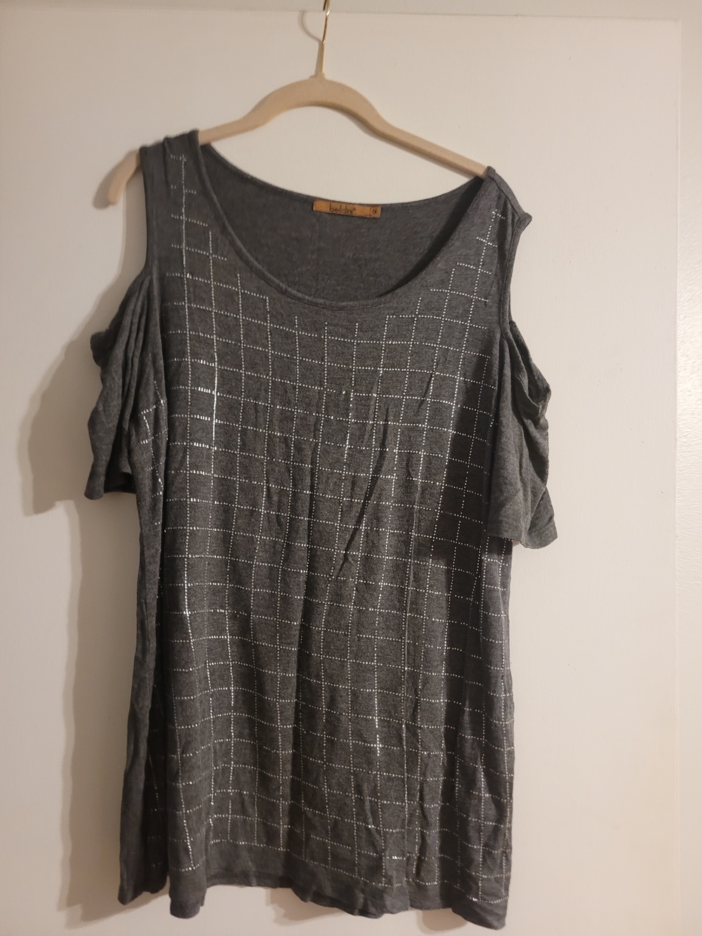 Belldini Gray Cold-Shoulder Top with Silver Grid Accents